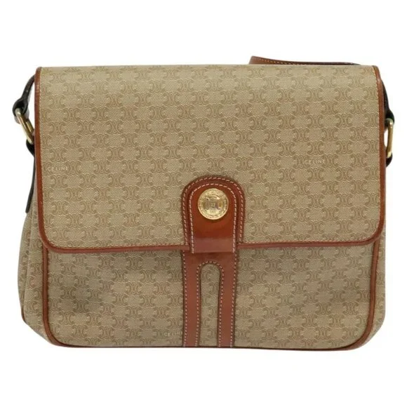 Authentic CELINE Macadam Canvas Shoulder Bag PVC Beige Gold